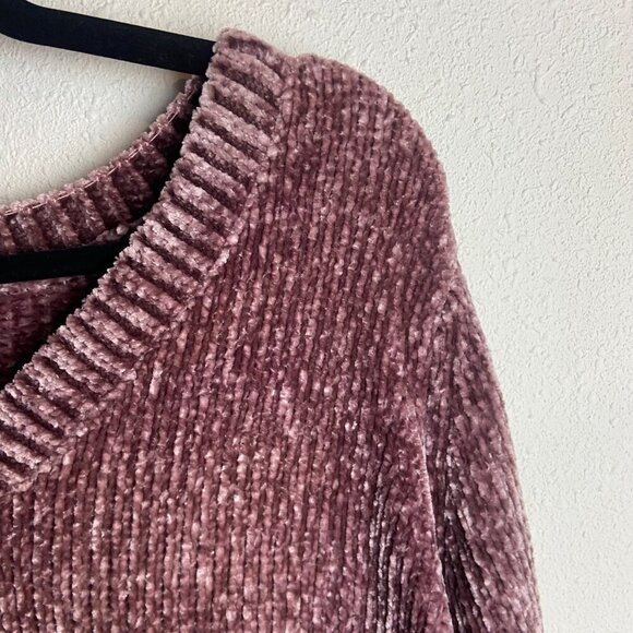 Orvis Size Xl Chenille Crushed Velvet Pullover V-Neck Sweater Mauve Pink Ribbed - Picture 4 of 7